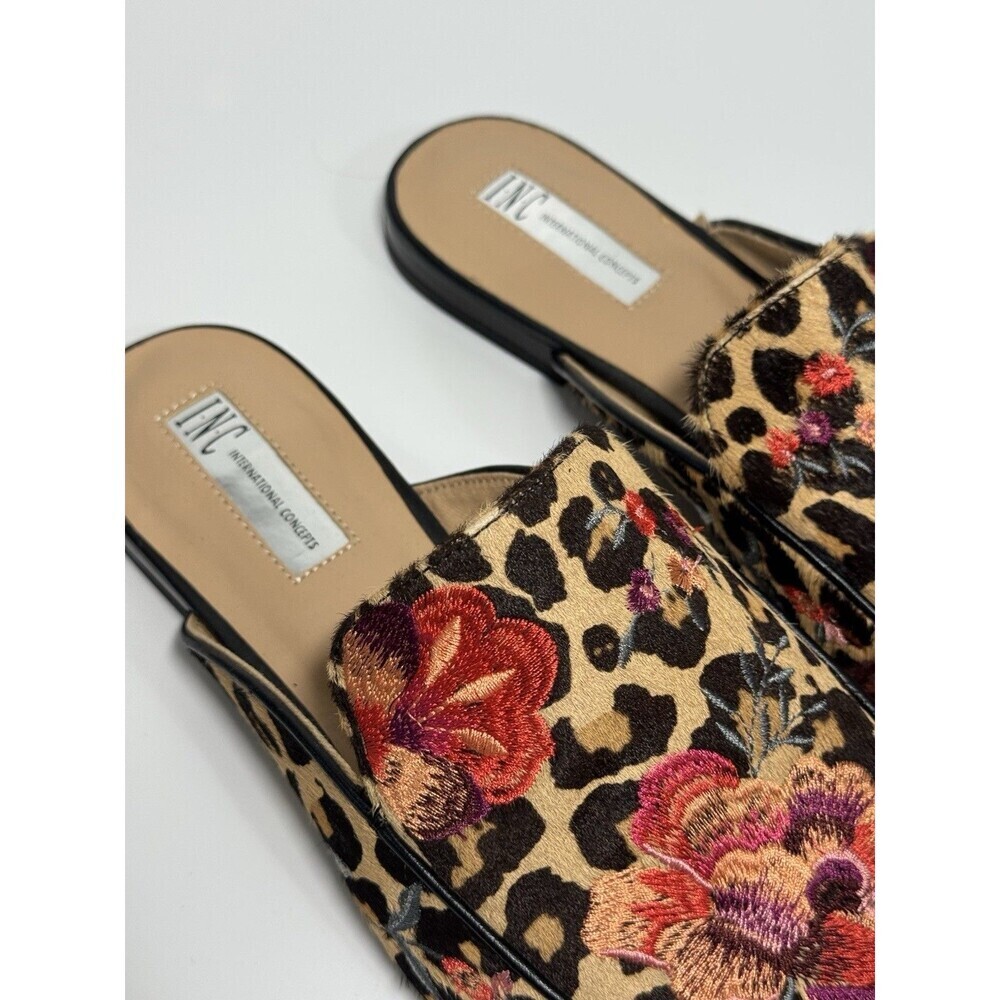 INC Women's Leopard Floral Embroidered Flats Real Calf Hair Mules Shoes 10.5 - Picture 8 of 16